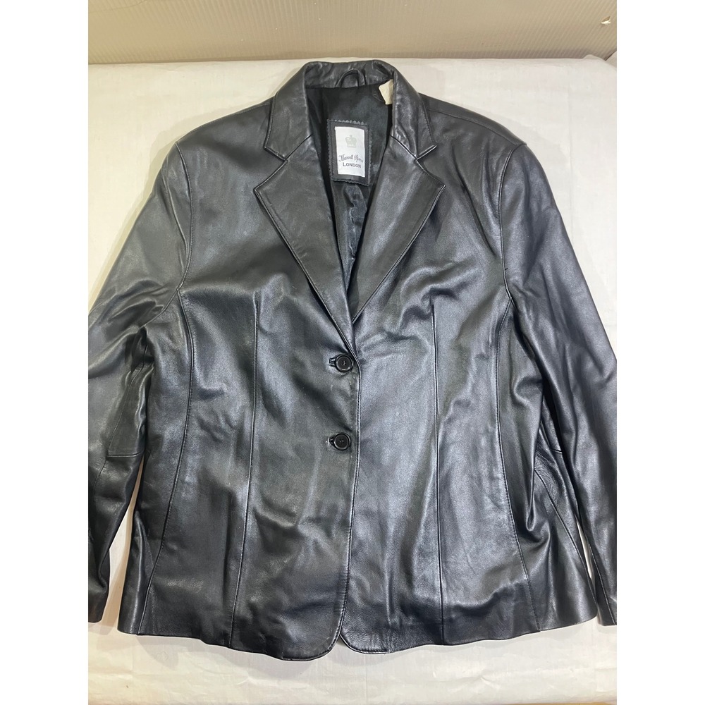 Maxwell Spence London Black Genuine Leather Blazer Jacket Womens XL 2 Button 90s